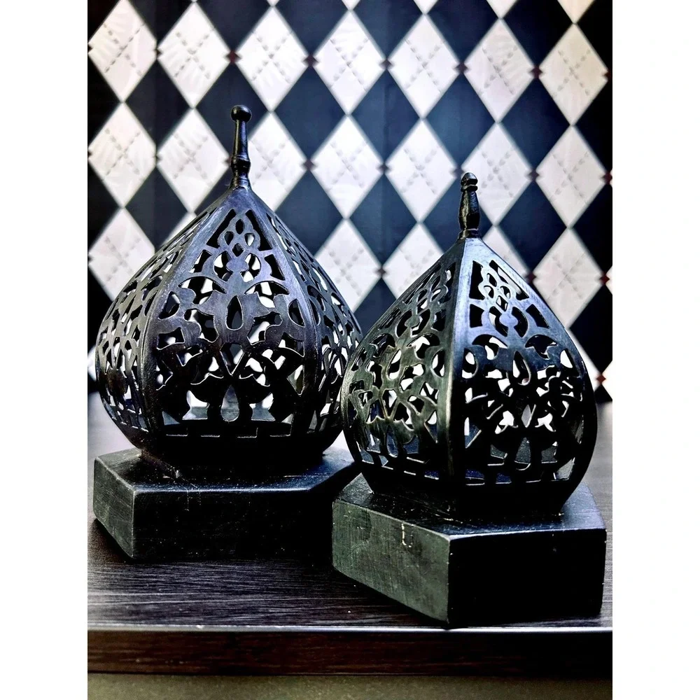 Moroccan Lantern Candleholders Black‎ Pierced Metal Decor Pair